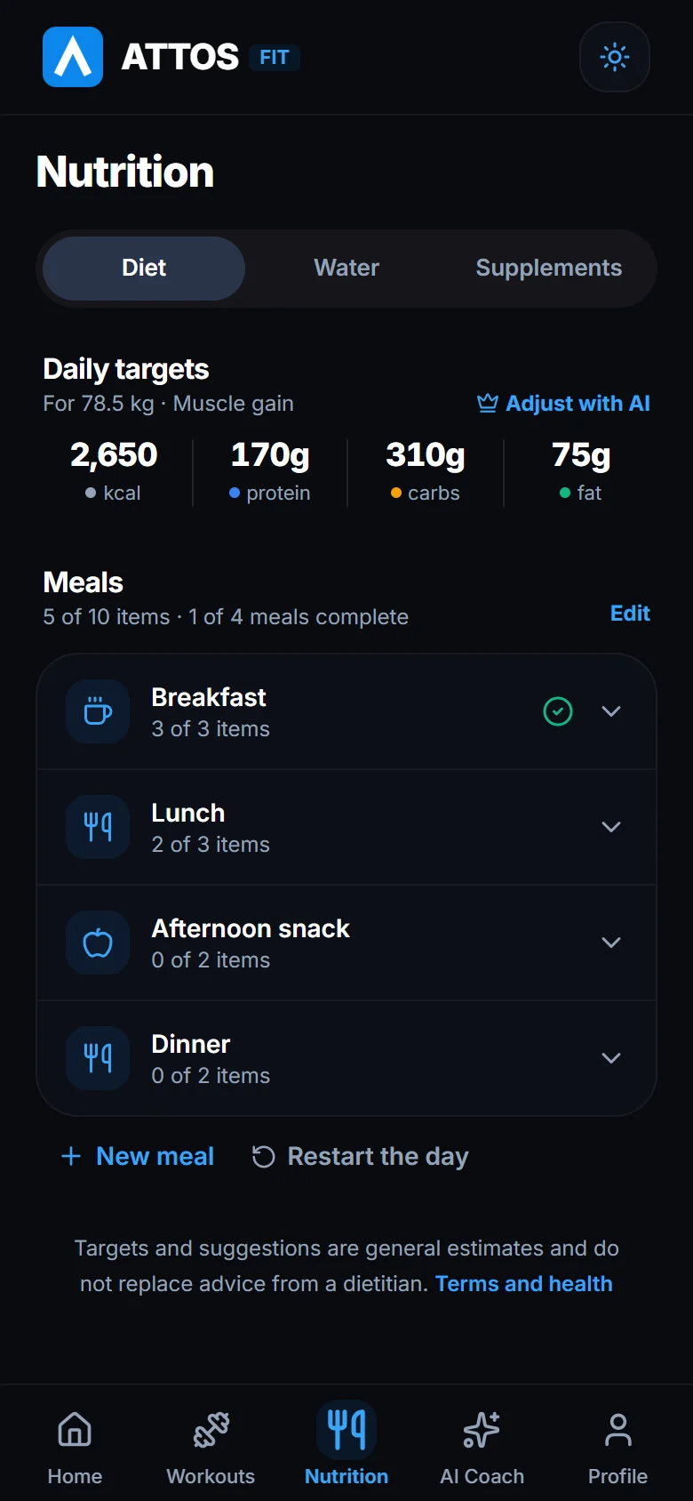 Diet, water and supplements in one place
