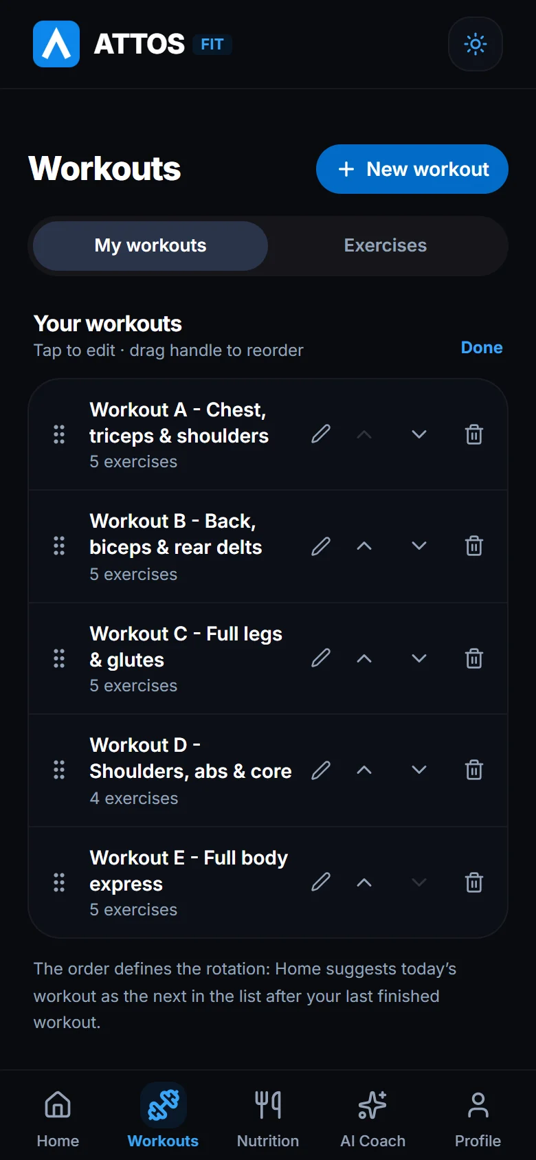 Reorder or delete workouts