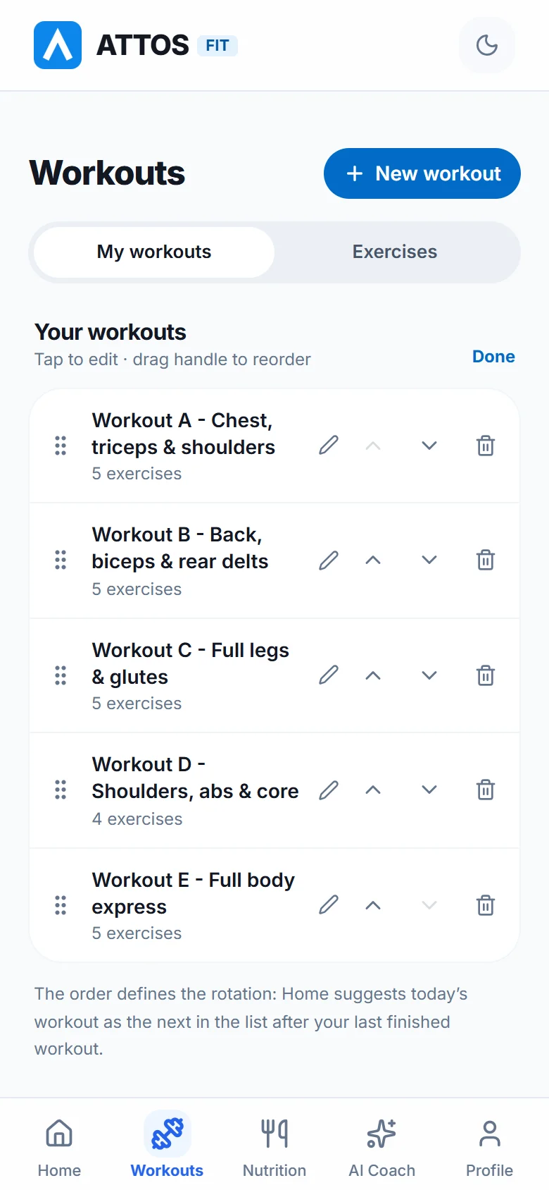 Reorder or delete workouts