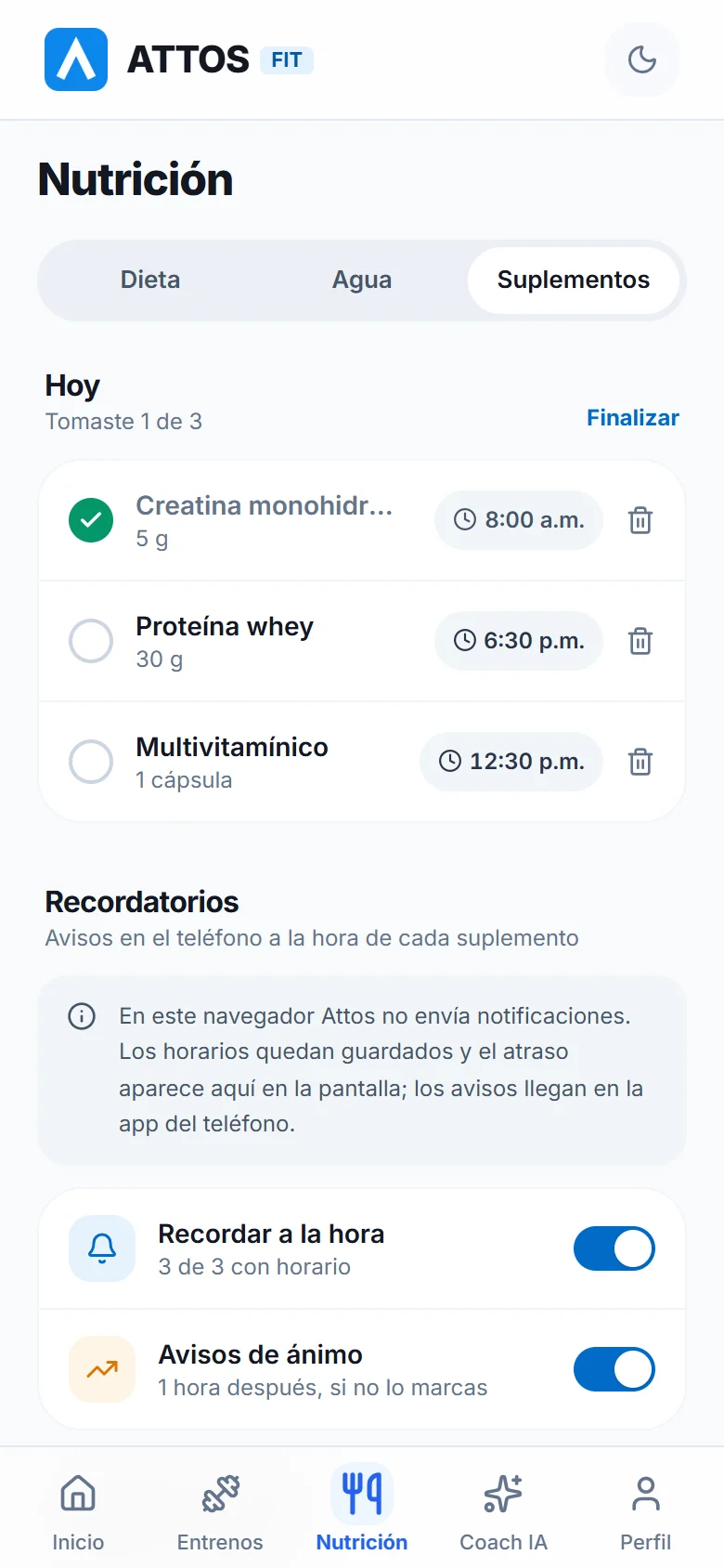 Recordatorios de suplementos y edición de la lista
