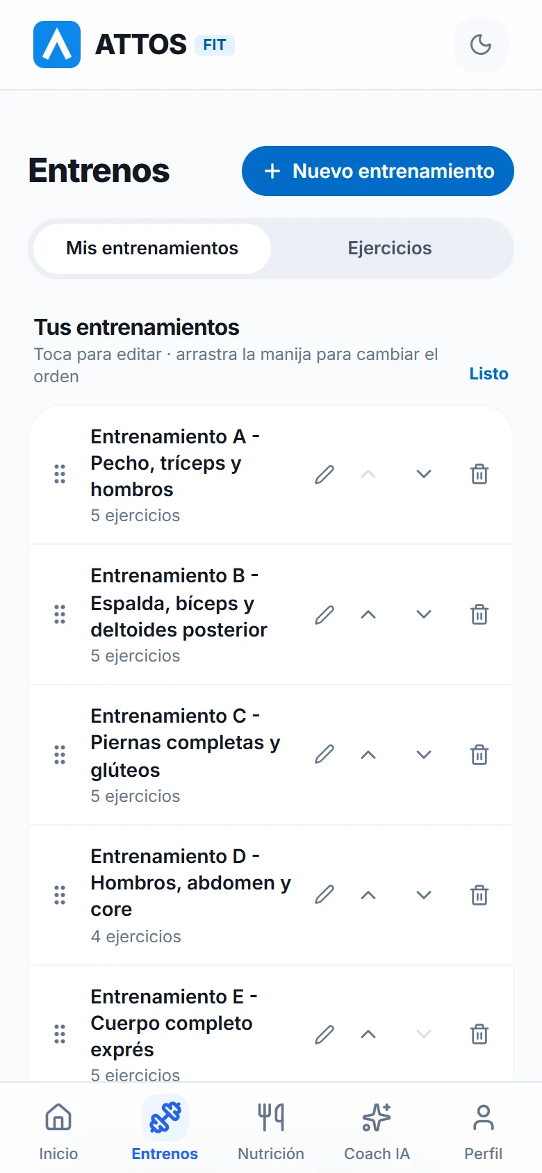 Reordena o elimina entrenamientos