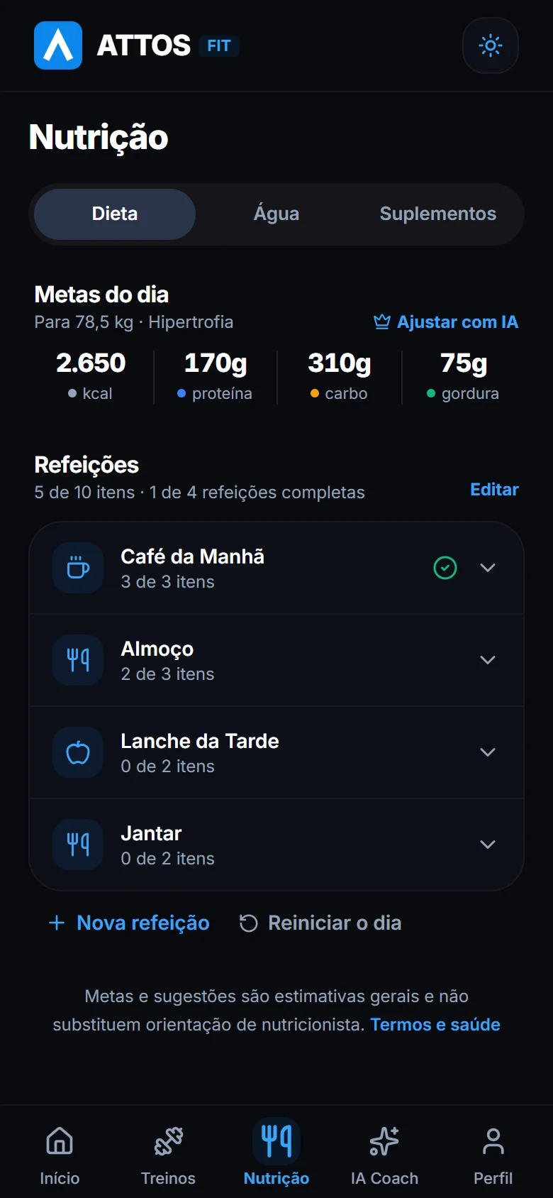 Dieta, água e suplementos no mesmo lugar
