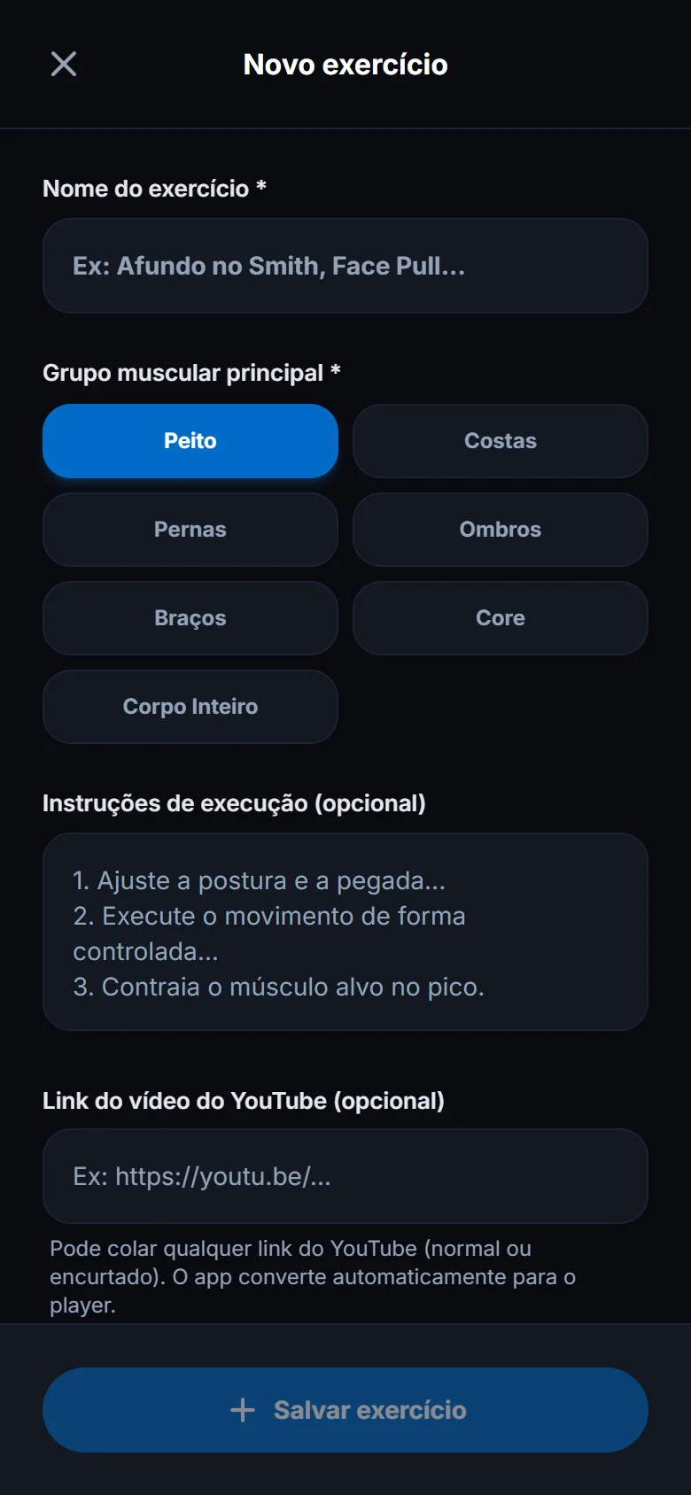 Cadastre um exercício seu