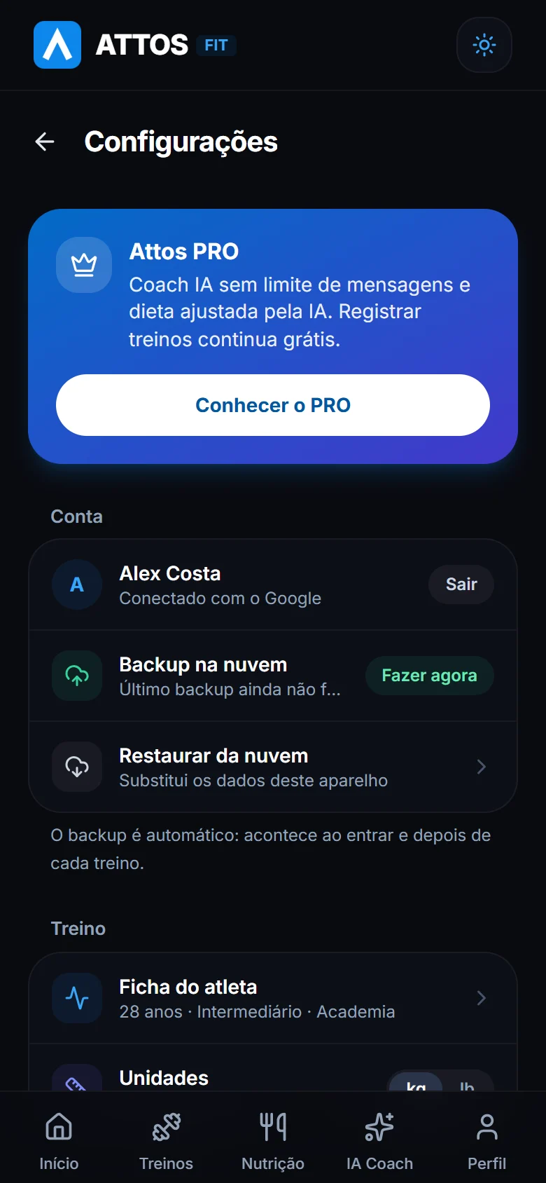 Conta e backup na nuvem
