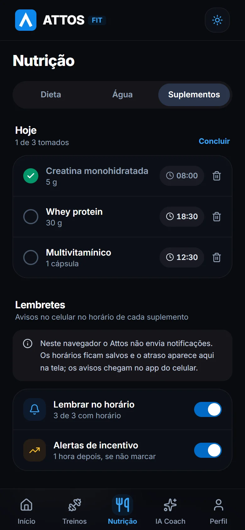 Lembretes de suplementos e edição da lista