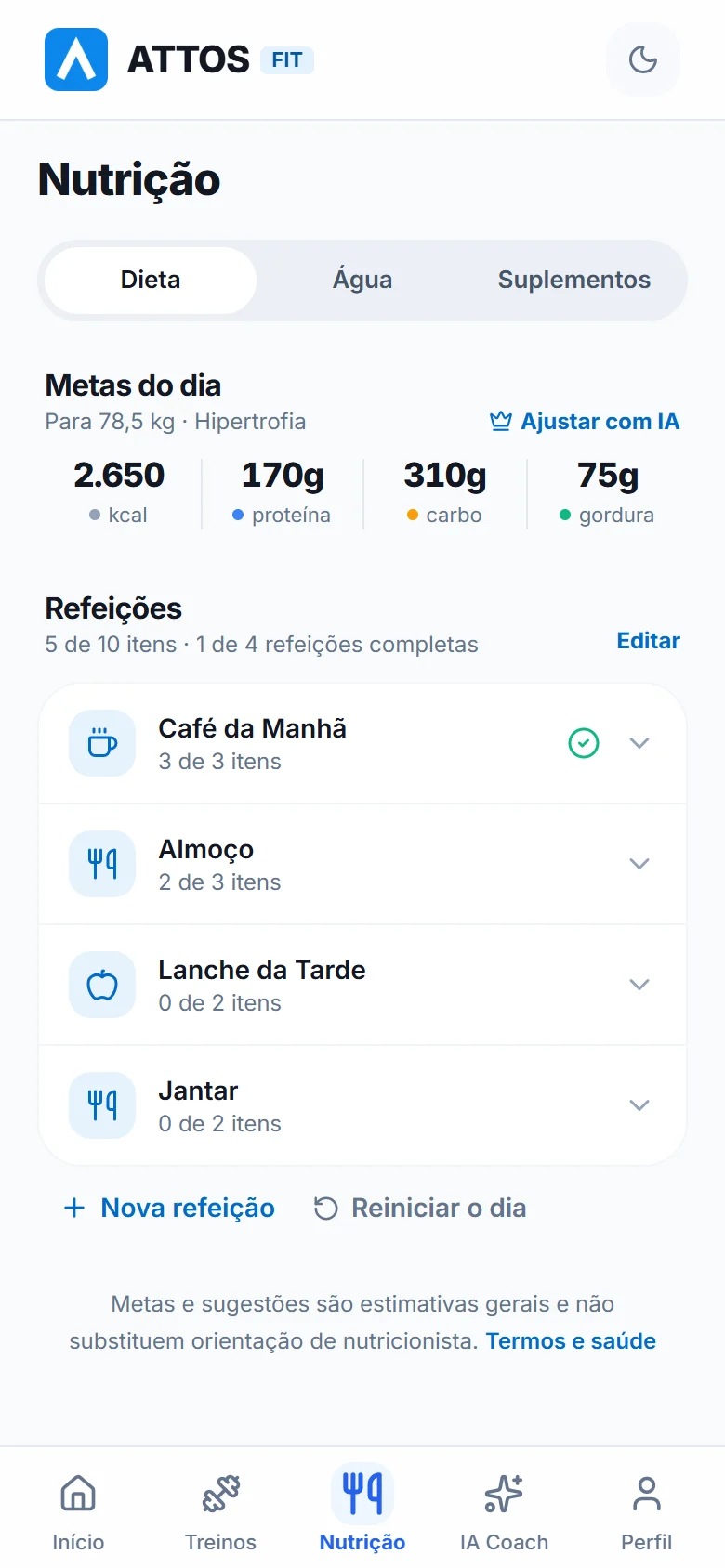 Dieta, água e suplementos no mesmo lugar