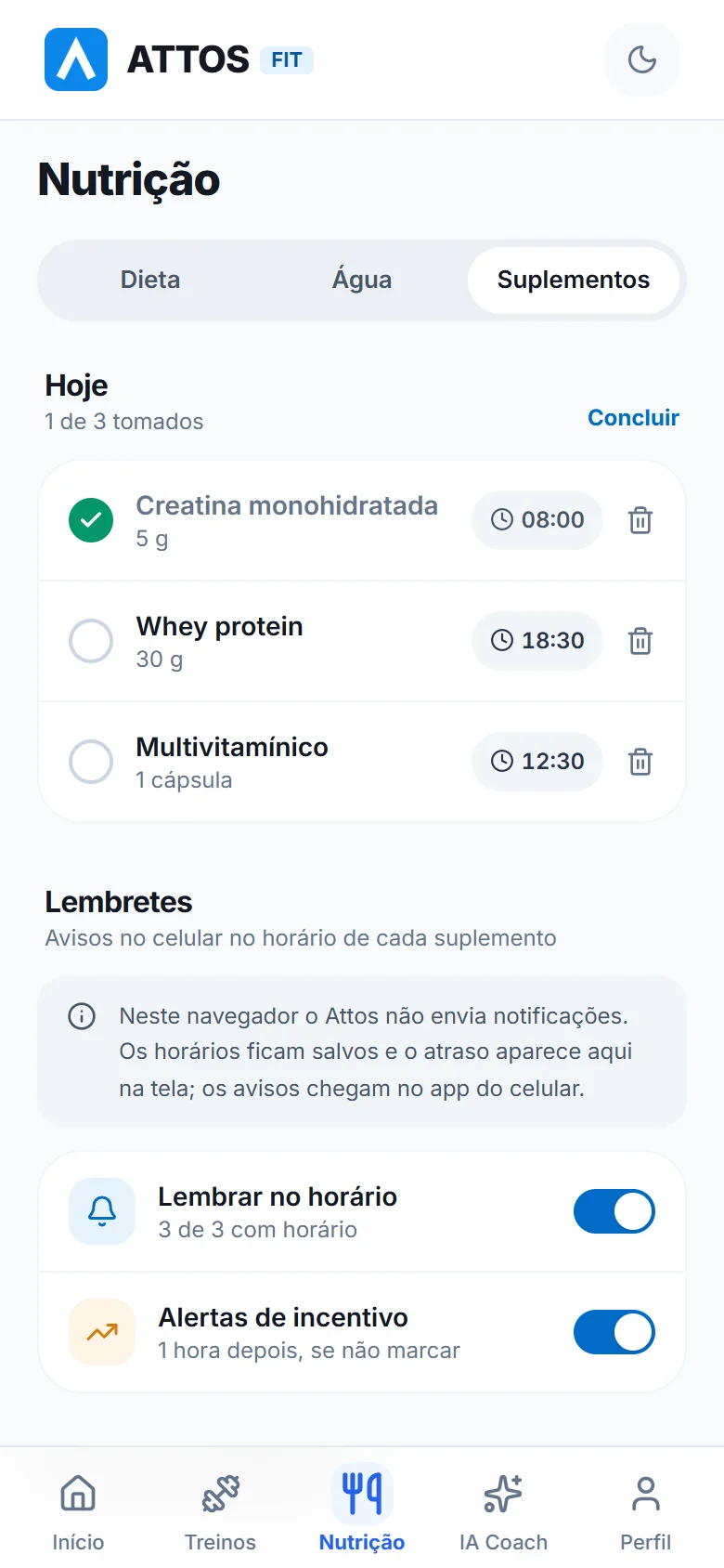 Lembretes de suplementos e edição da lista